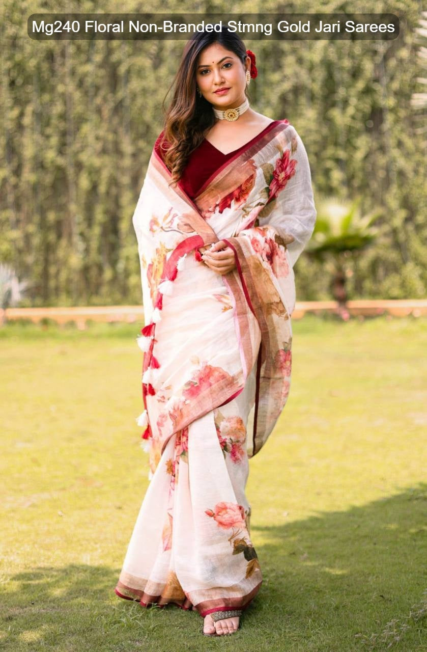 Mg240 Floral Non-Branded Stmng Gold Jari Sarees