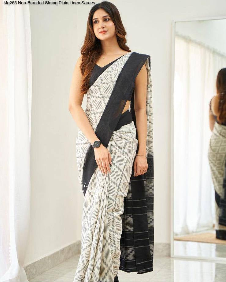 Mg255 Non-Branded Stmng Plain Linen Sarees
