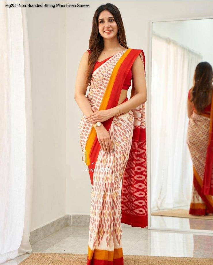 Mg255 Non-Branded Stmng Plain Linen Sarees