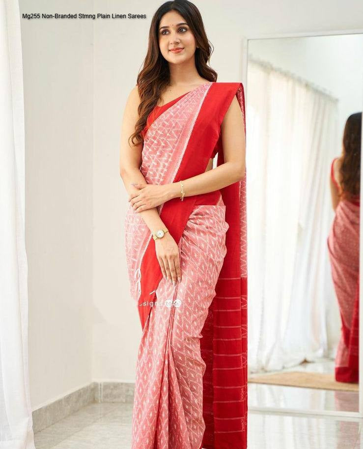 Mg255 Non-Branded Stmng Plain Linen Sarees