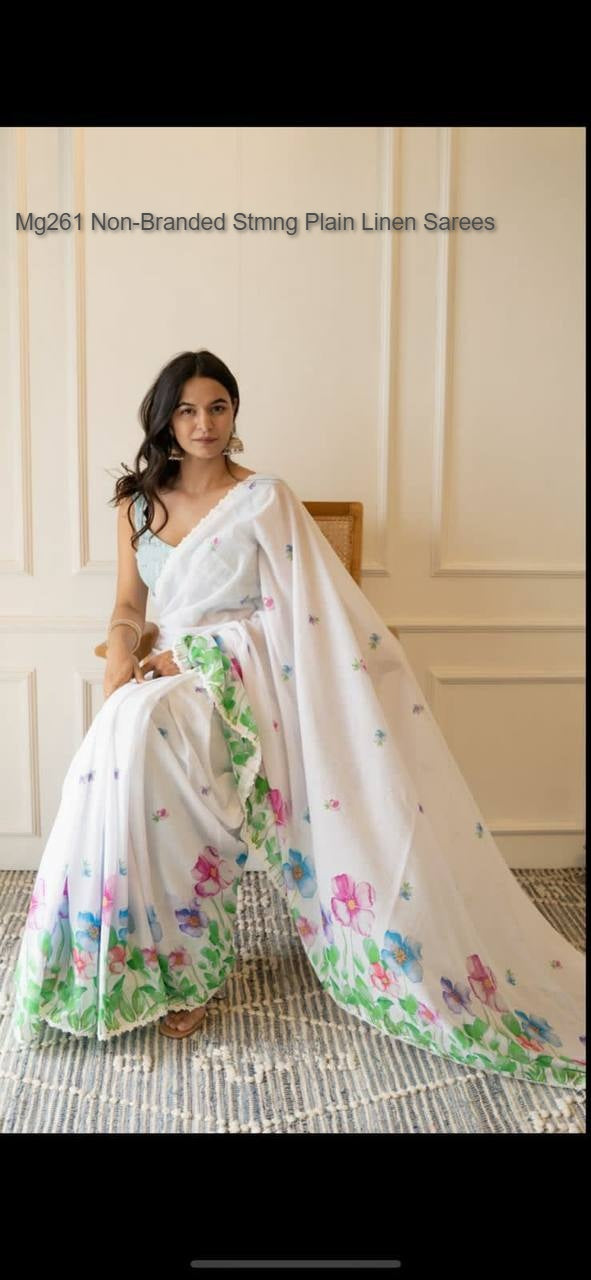 Mg261 Non-Branded Stmng Plain Linen Sarees