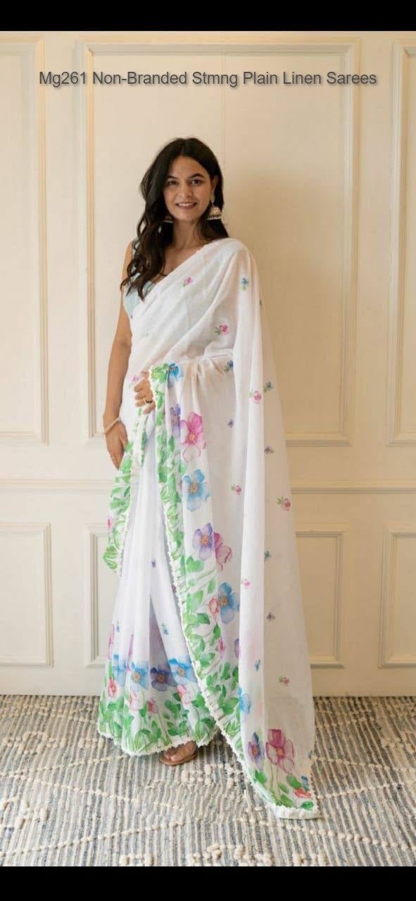 Mg261 Non-Branded Stmng Plain Linen Sarees