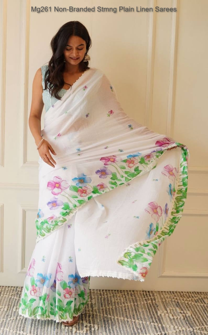 Mg261 Non-Branded Stmng Plain Linen Sarees