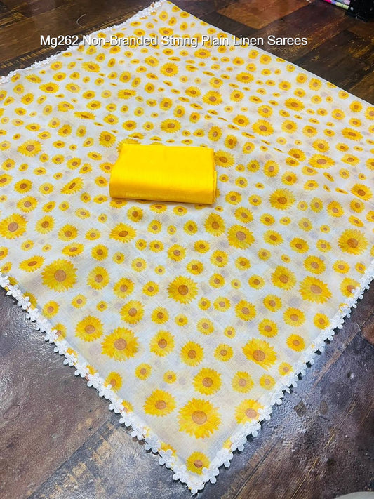 Mg262 Non-Branded Stmng Plain Linen Sarees