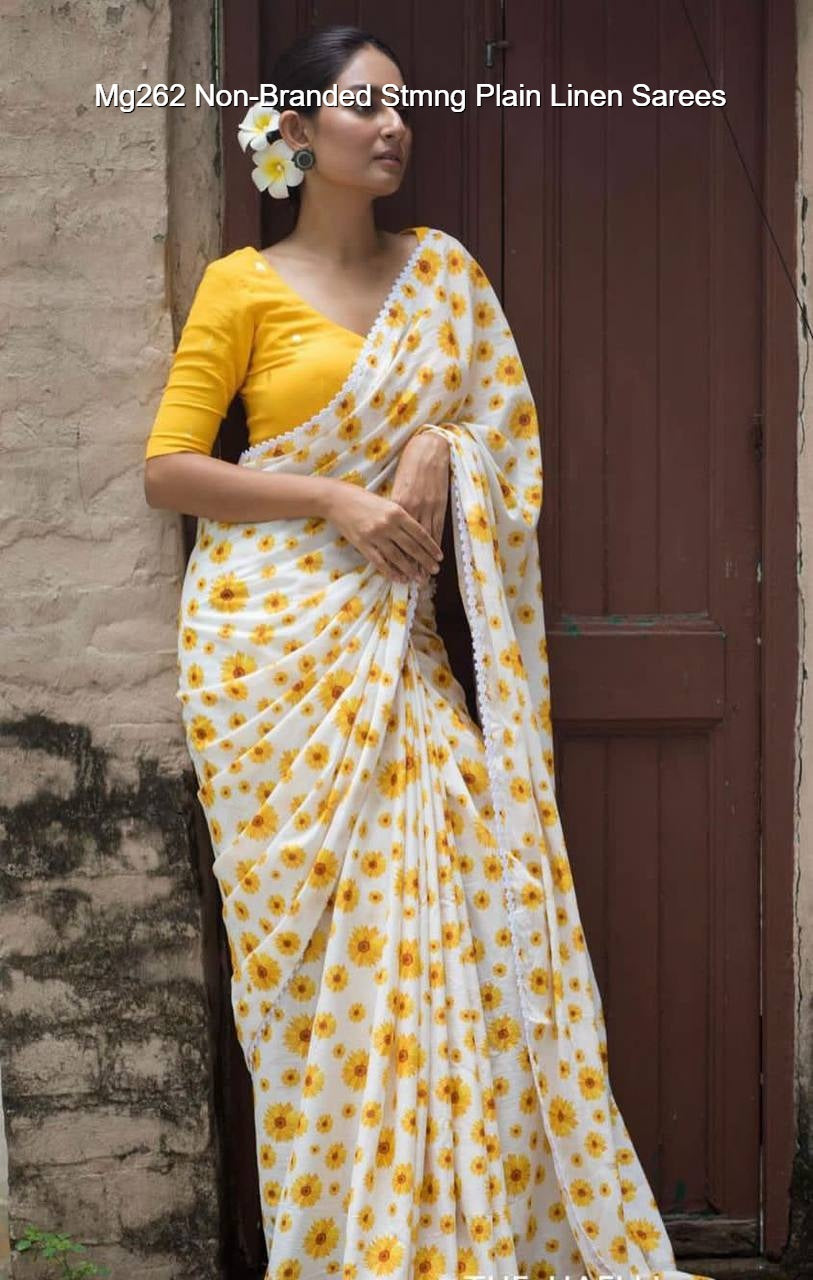 Mg262 Non-Branded Stmng Plain Linen Sarees