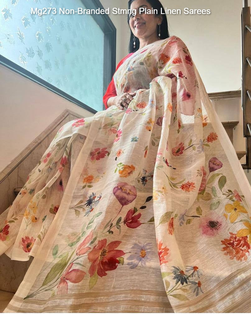 Mg273 Non-Branded Stmng Plain Linen Sarees
