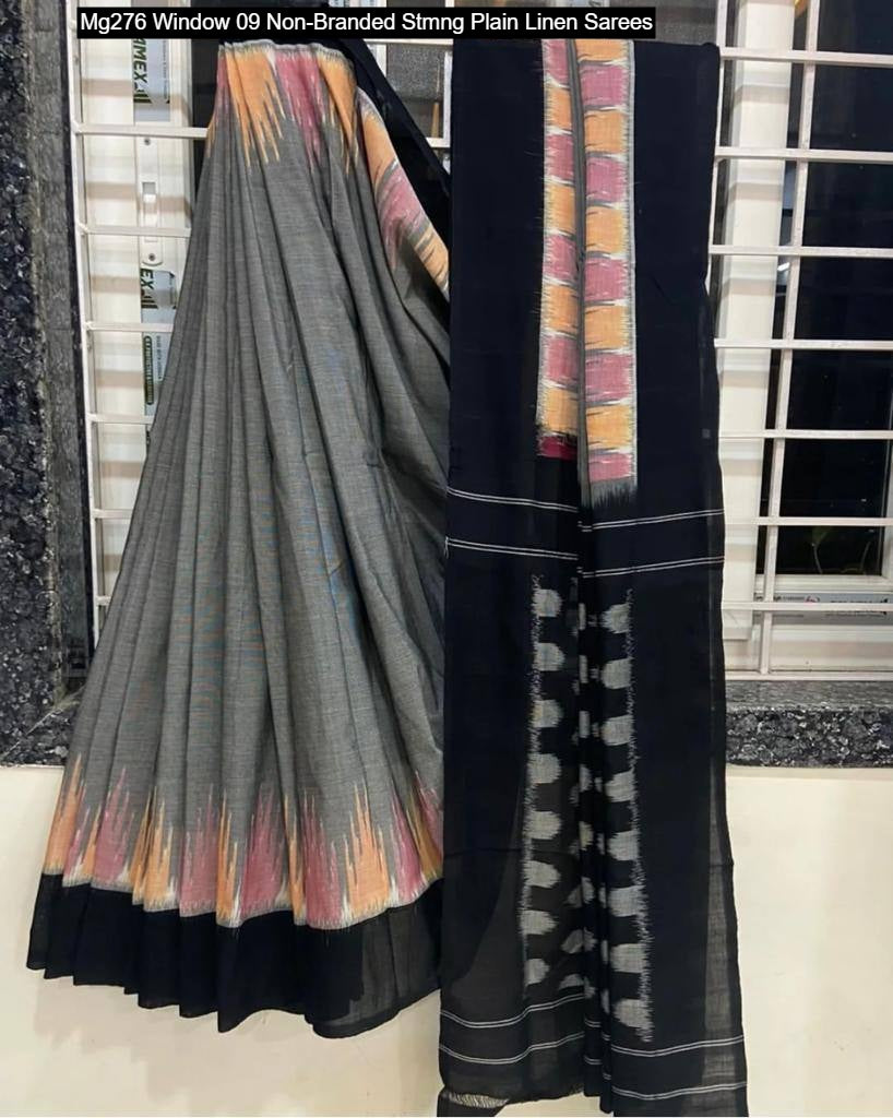 Mg276 Window 09 Non-Branded Stmng Plain Linen Sarees