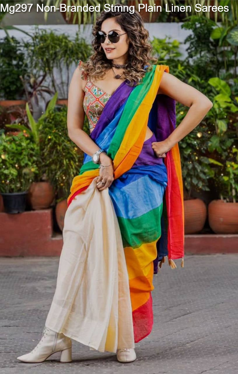 Mg297 Non-Branded Stmng Plain Linen Sarees