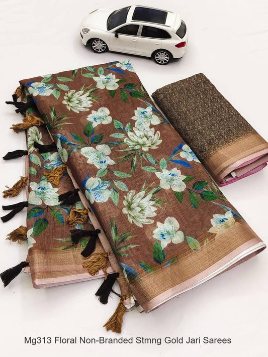 Mg313 Floral Non-Branded Stmng Gold Jari Sarees
