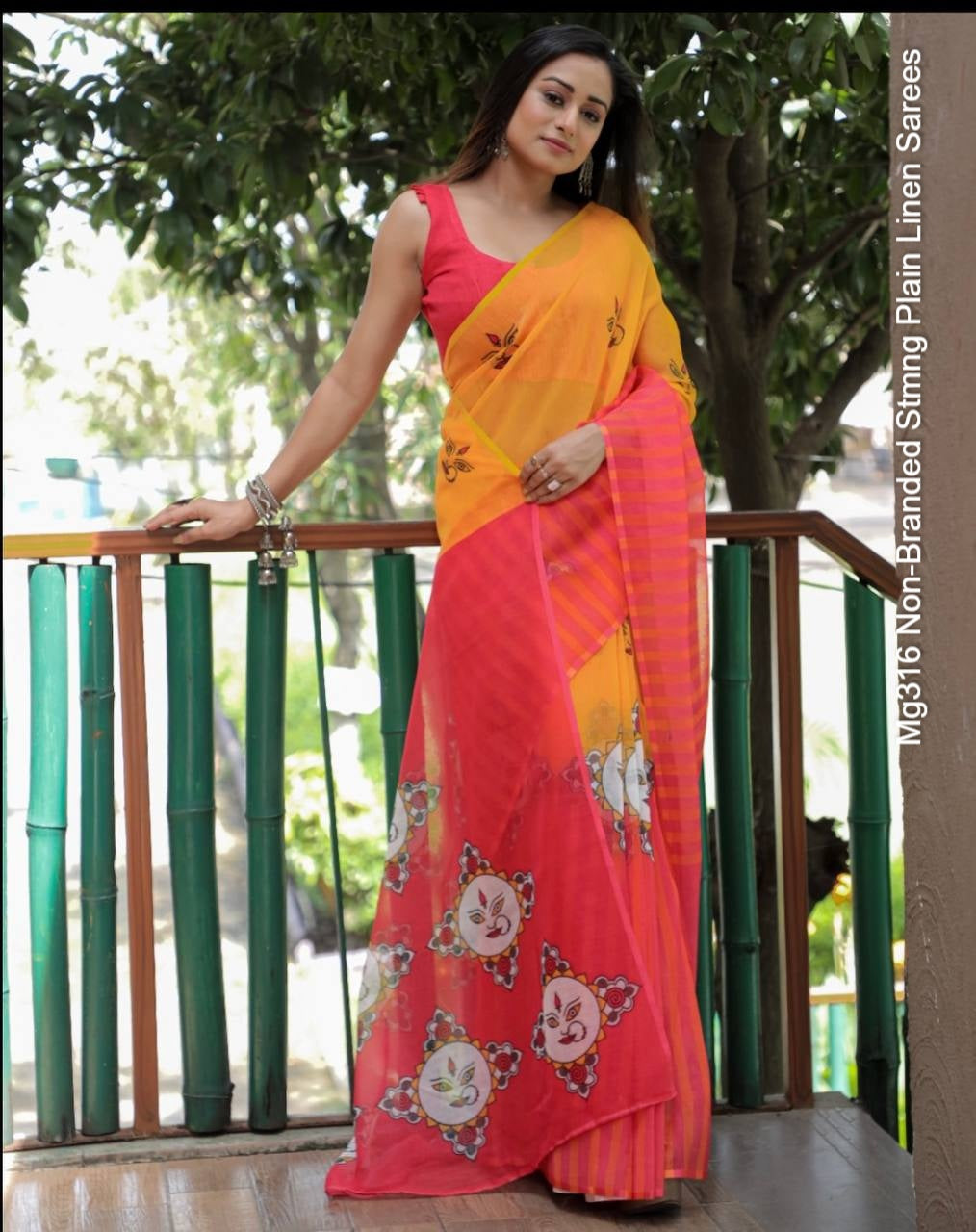 Mg316 Non-Branded Stmng Plain Linen Sarees