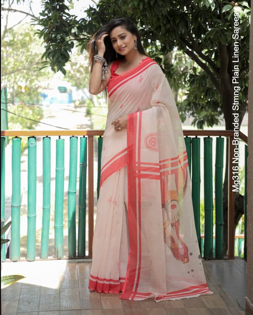 Mg316 Non-Branded Stmng Plain Linen Sarees