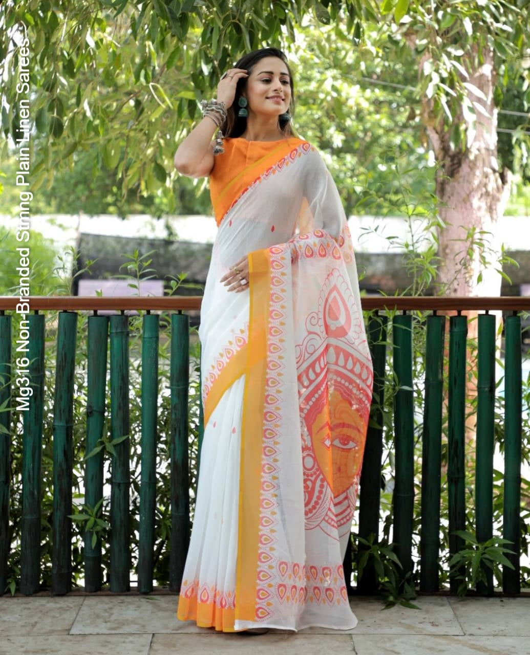 Mg316 Non-Branded Stmng Plain Linen Sarees