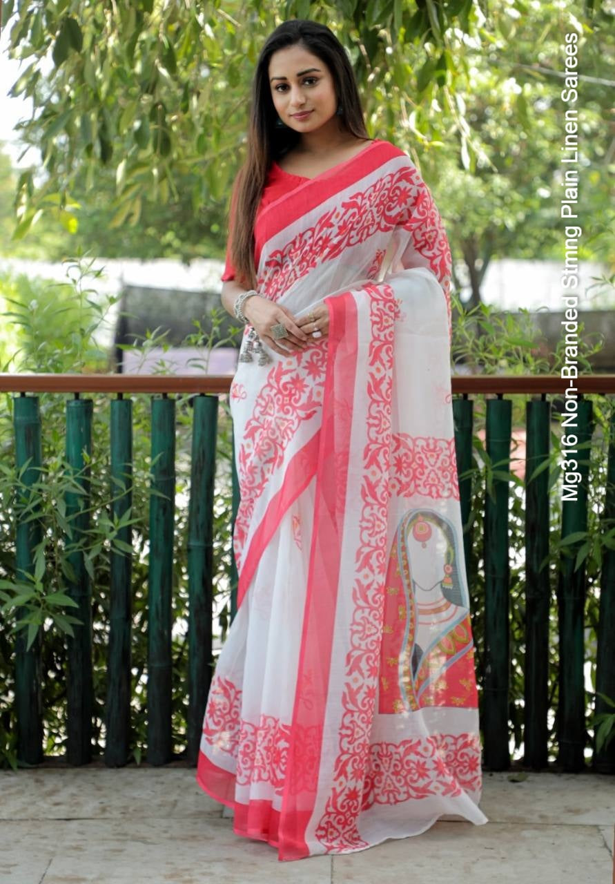 Mg316 Non-Branded Stmng Plain Linen Sarees