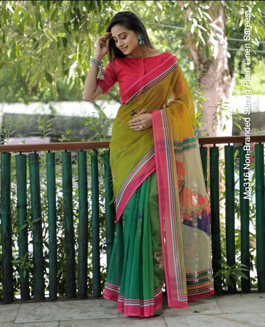Mg316 Non-Branded Stmng Plain Linen Sarees