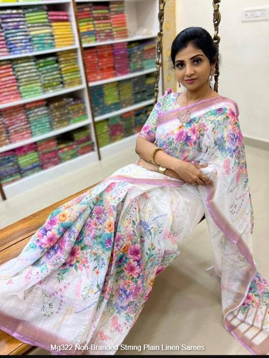 Mg322 Non-Branded Stmng Plain Linen Sarees