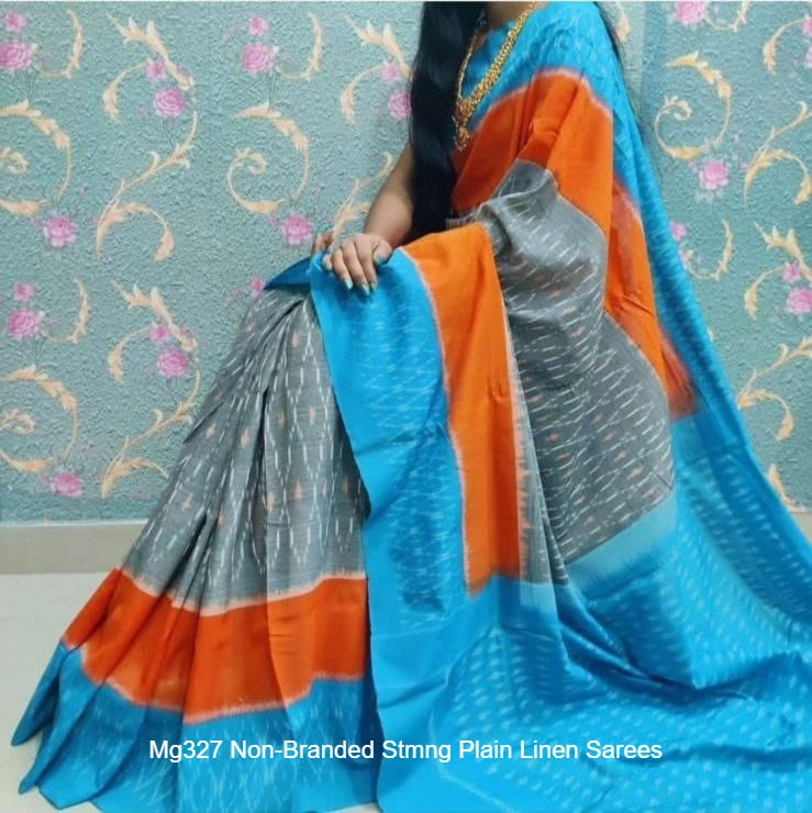 Mg327 Non-Branded Stmng Plain Linen Sarees