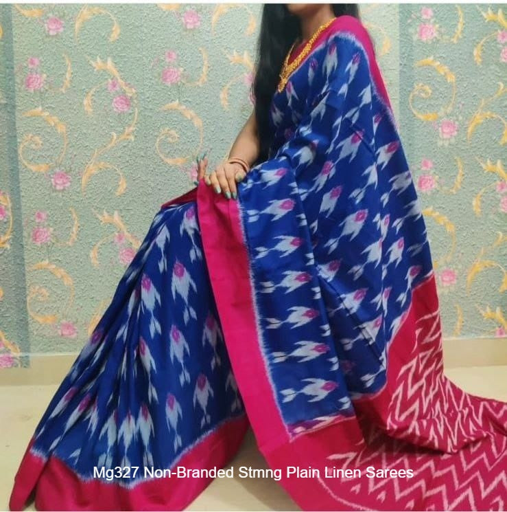 Mg327 Non-Branded Stmng Plain Linen Sarees
