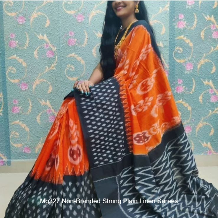 Mg327 Non-Branded Stmng Plain Linen Sarees
