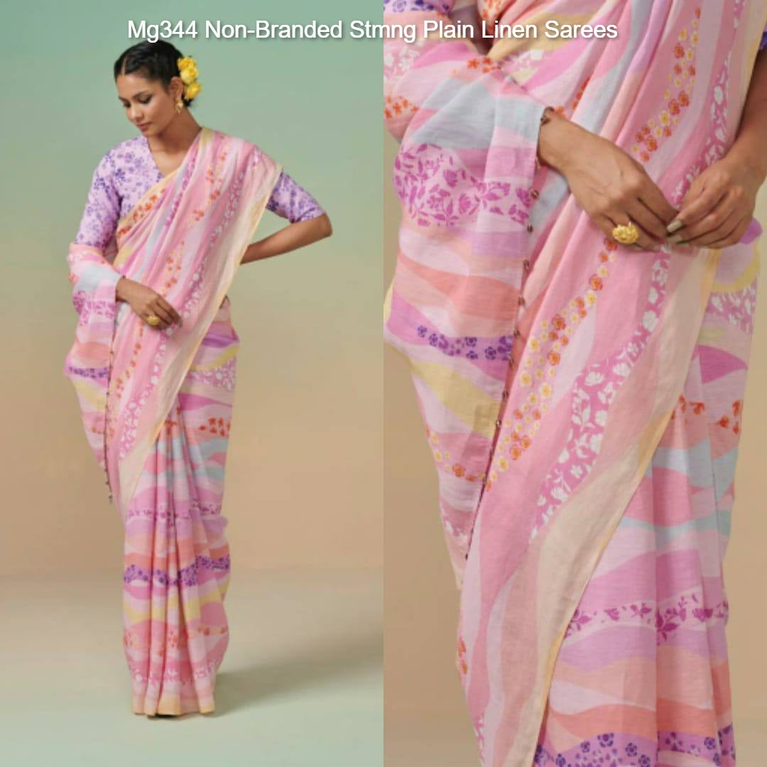 Mg344 Non-Branded Stmng Plain Linen Sarees