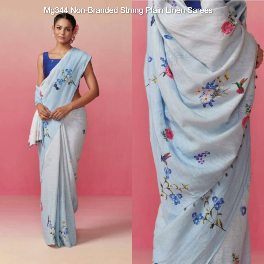 Mg344 Non-Branded Stmng Plain Linen Sarees