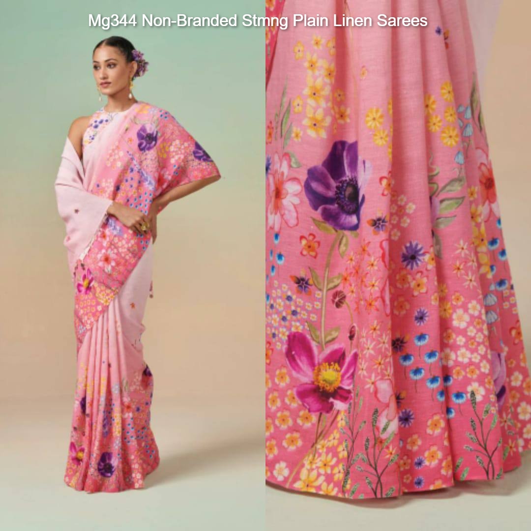 Mg344 Non-Branded Stmng Plain Linen Sarees