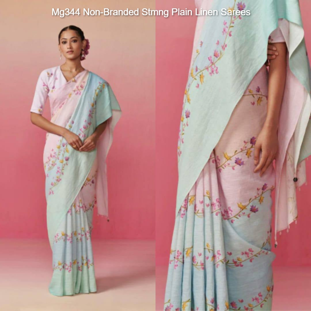 Mg344 Non-Branded Stmng Plain Linen Sarees