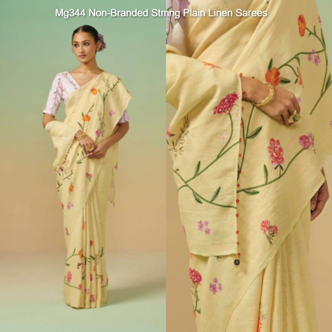 Mg344 Non-Branded Stmng Plain Linen Sarees