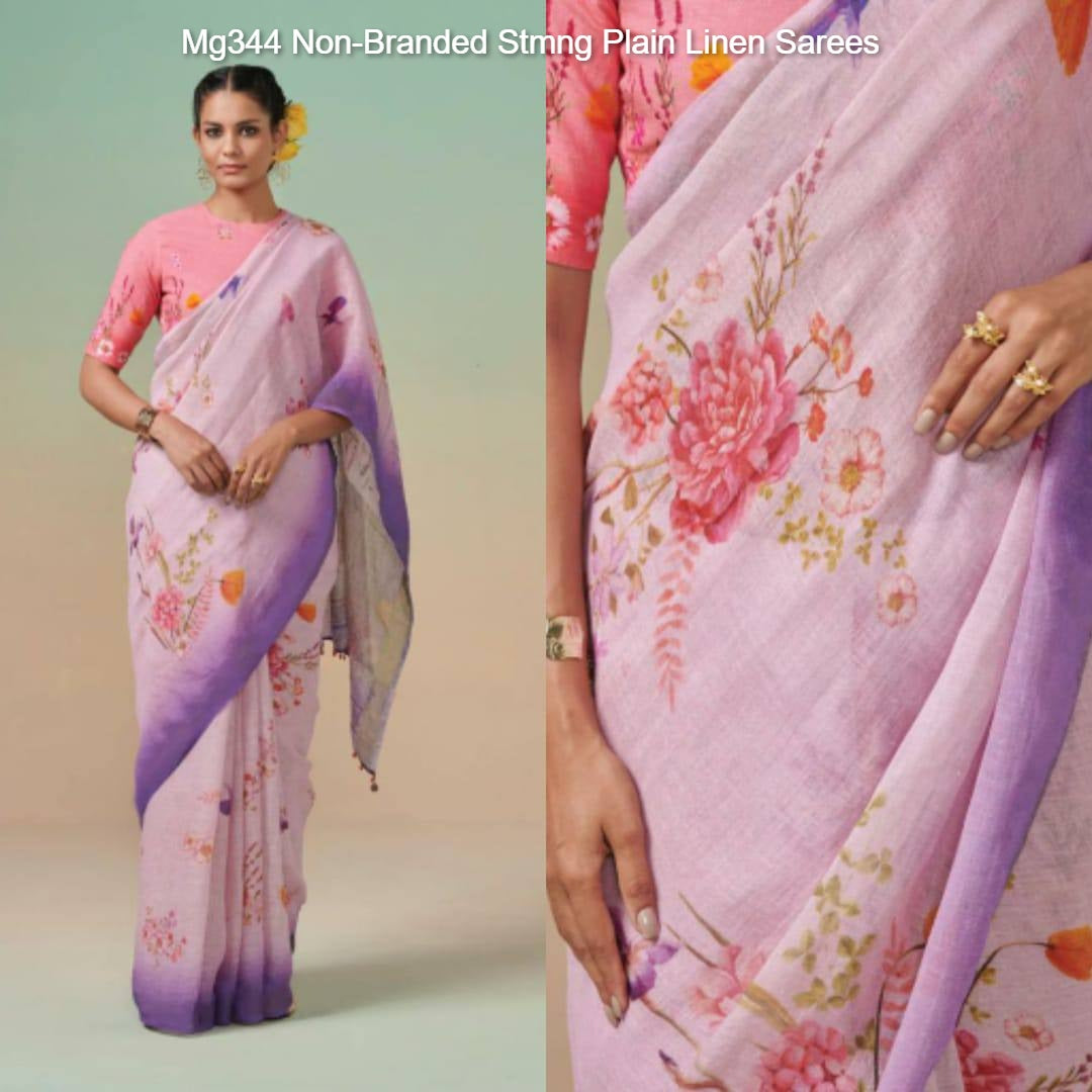 Mg344 Non-Branded Stmng Plain Linen Sarees