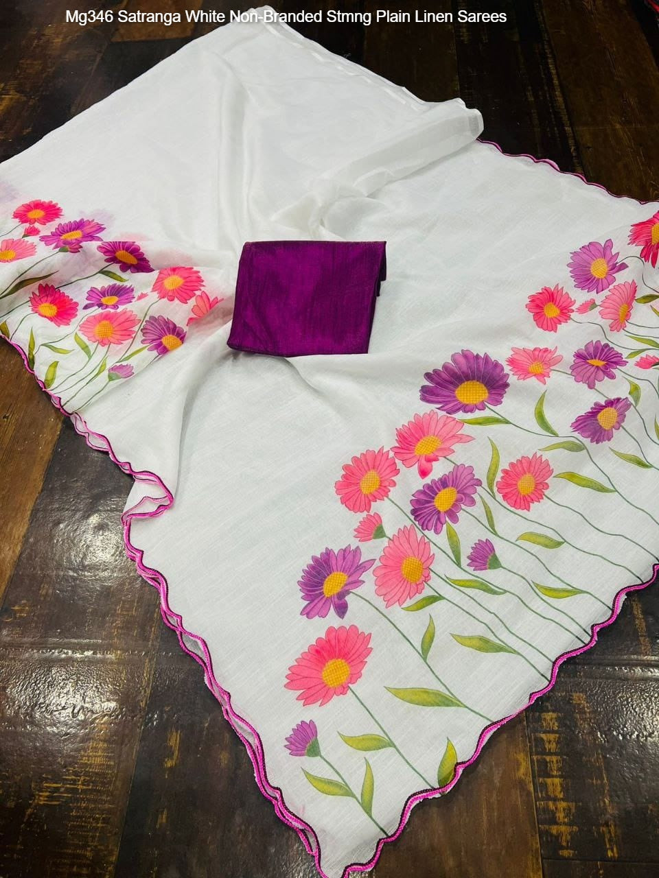 Mg346 Satranga White Non-Branded Stmng Plain Linen Sarees