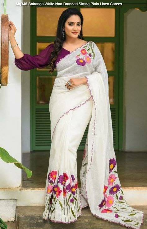 Mg346 Satranga White Non-Branded Stmng Plain Linen Sarees