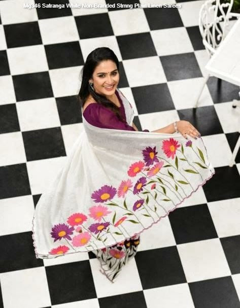 Mg346 Satranga White Non-Branded Stmng Plain Linen Sarees