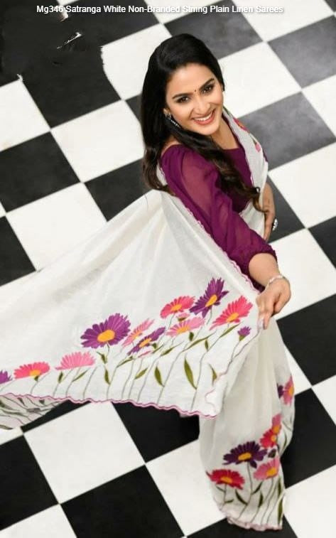 Mg346 Satranga White Non-Branded Stmng Plain Linen Sarees