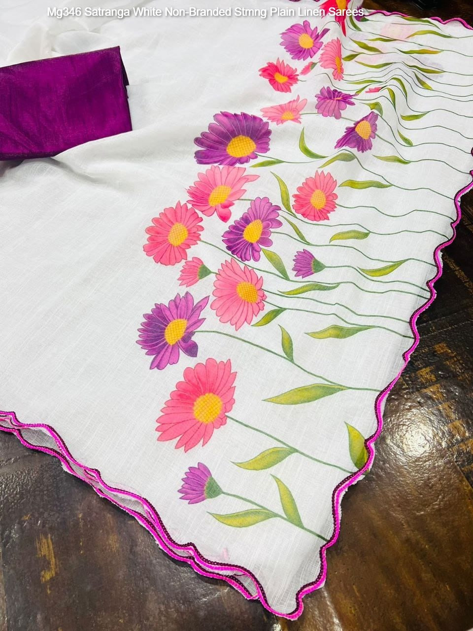 Mg346 Satranga White Non-Branded Stmng Plain Linen Sarees