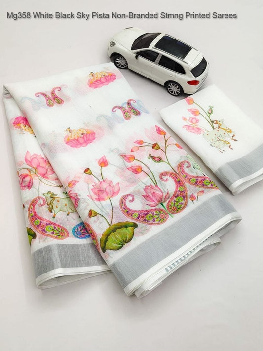 Mg358 White Black Sky Pista Non-Branded Stmng Printed Sarees