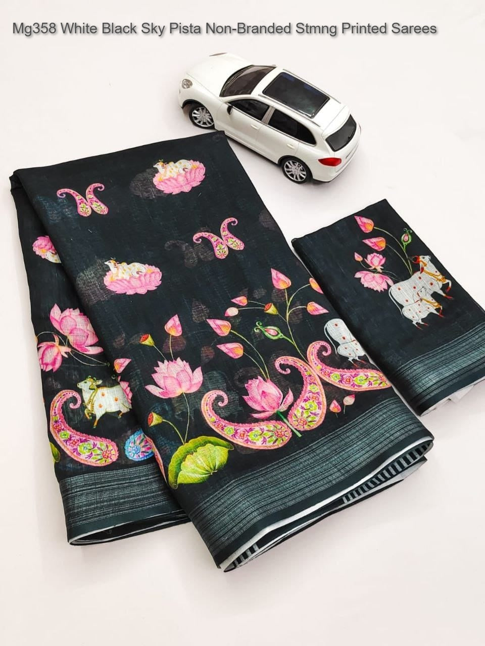 Mg358 White Black Sky Pista Non-Branded Stmng Printed Sarees