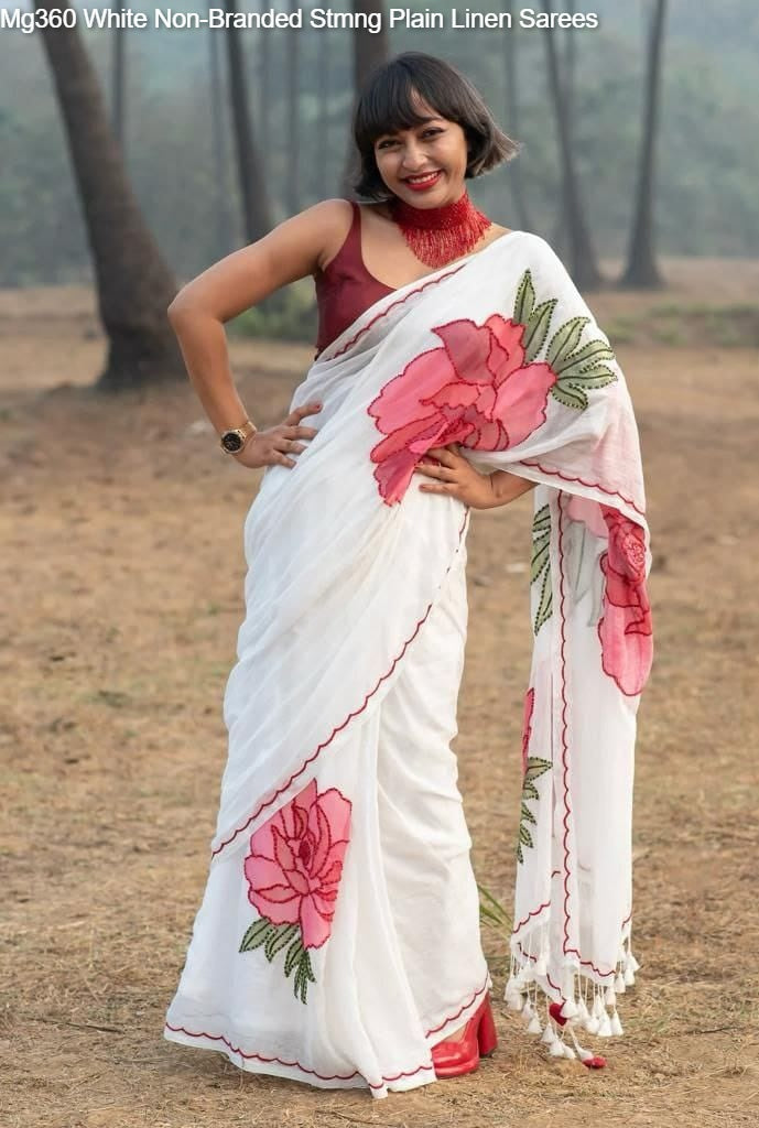 Mg360 White Non-Branded Stmng Plain Linen Sarees
