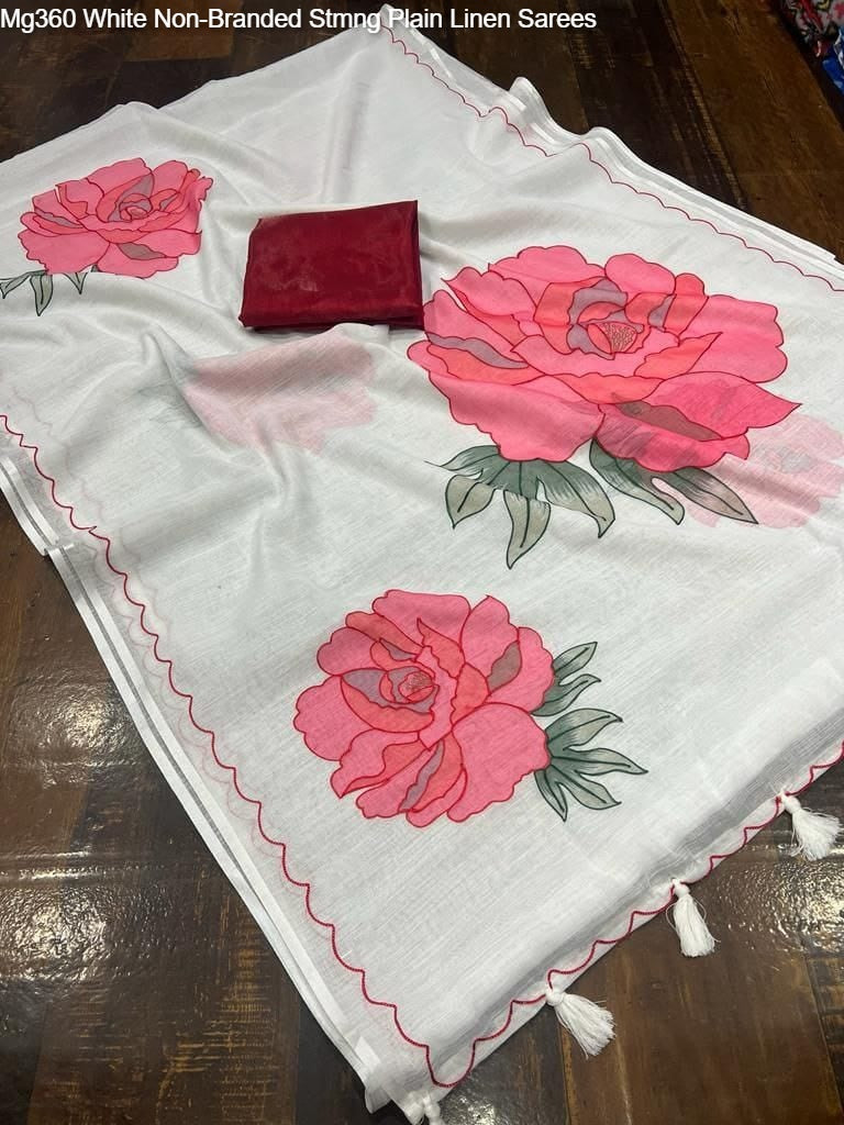 Mg360 White Non-Branded Stmng Plain Linen Sarees