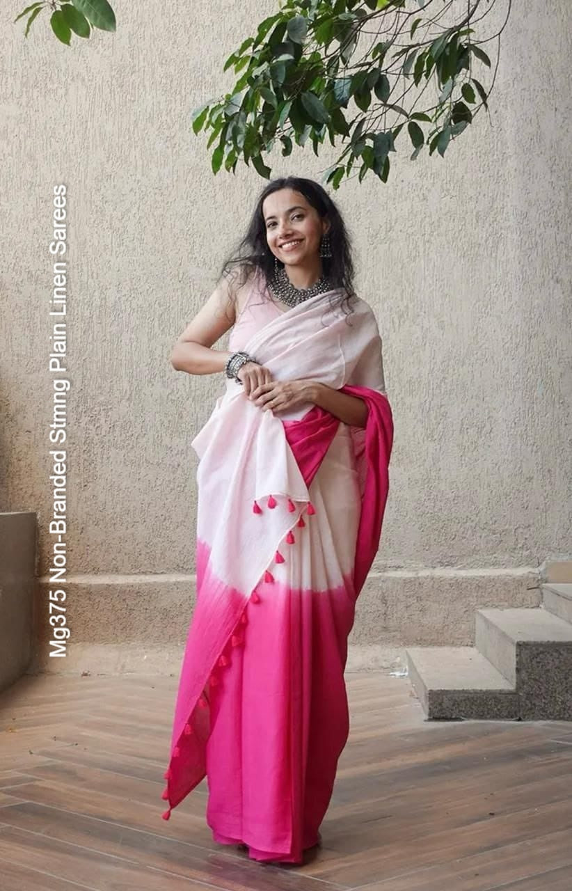 Mg375 Non-Branded Stmng Plain Linen Sarees