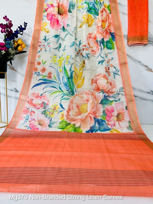 Mg379 Non-Branded Stmng Linen Sarees