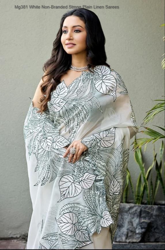 Mg381 White Non-Branded Stmng Plain Linen Sarees