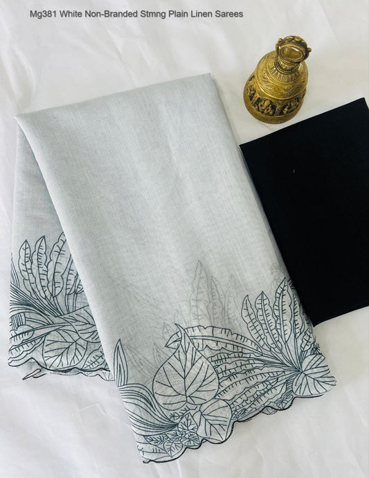 Mg381 White Non-Branded Stmng Plain Linen Sarees