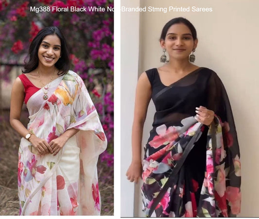 Mg388 Floral Black White Non-Branded Stmng Printed Sarees