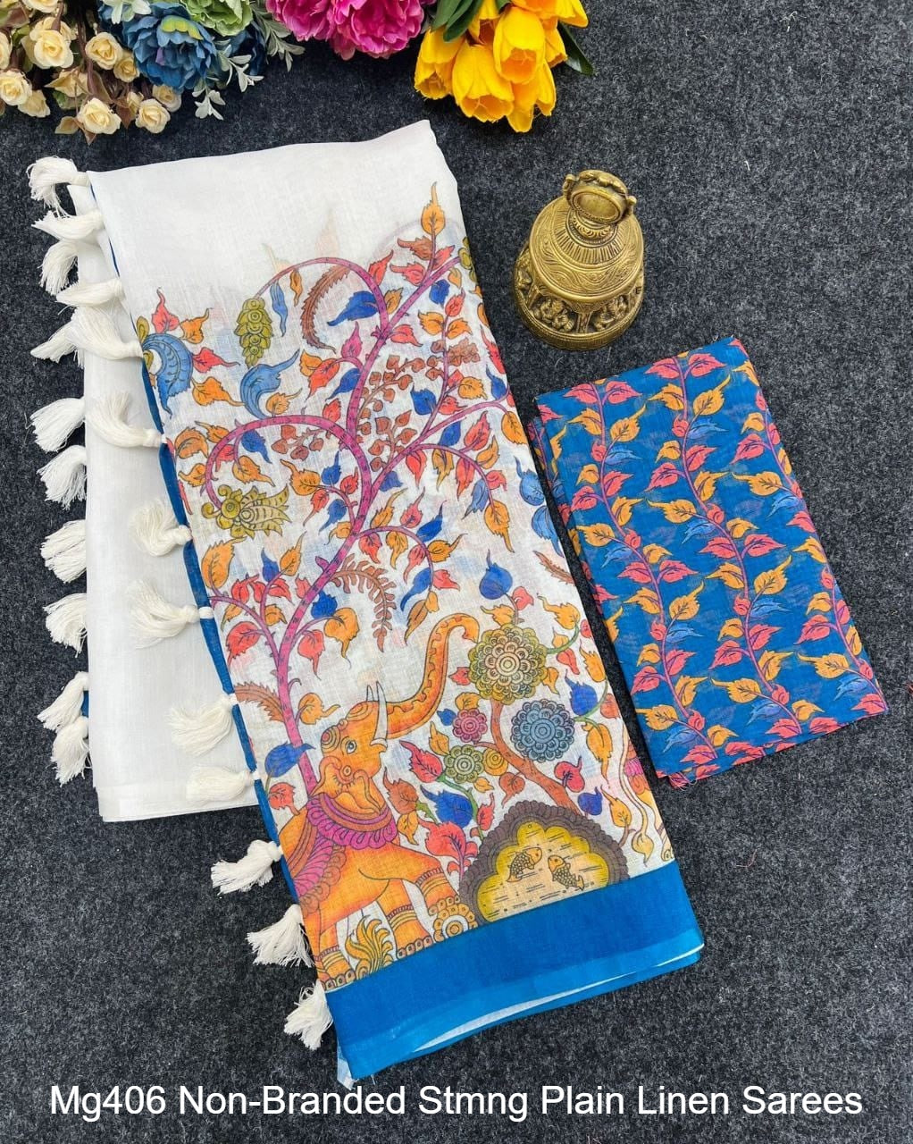 Mg406 Non-Branded Stmng Plain Linen Sarees