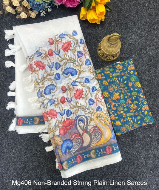 Mg406 Non-Branded Stmng Plain Linen Sarees