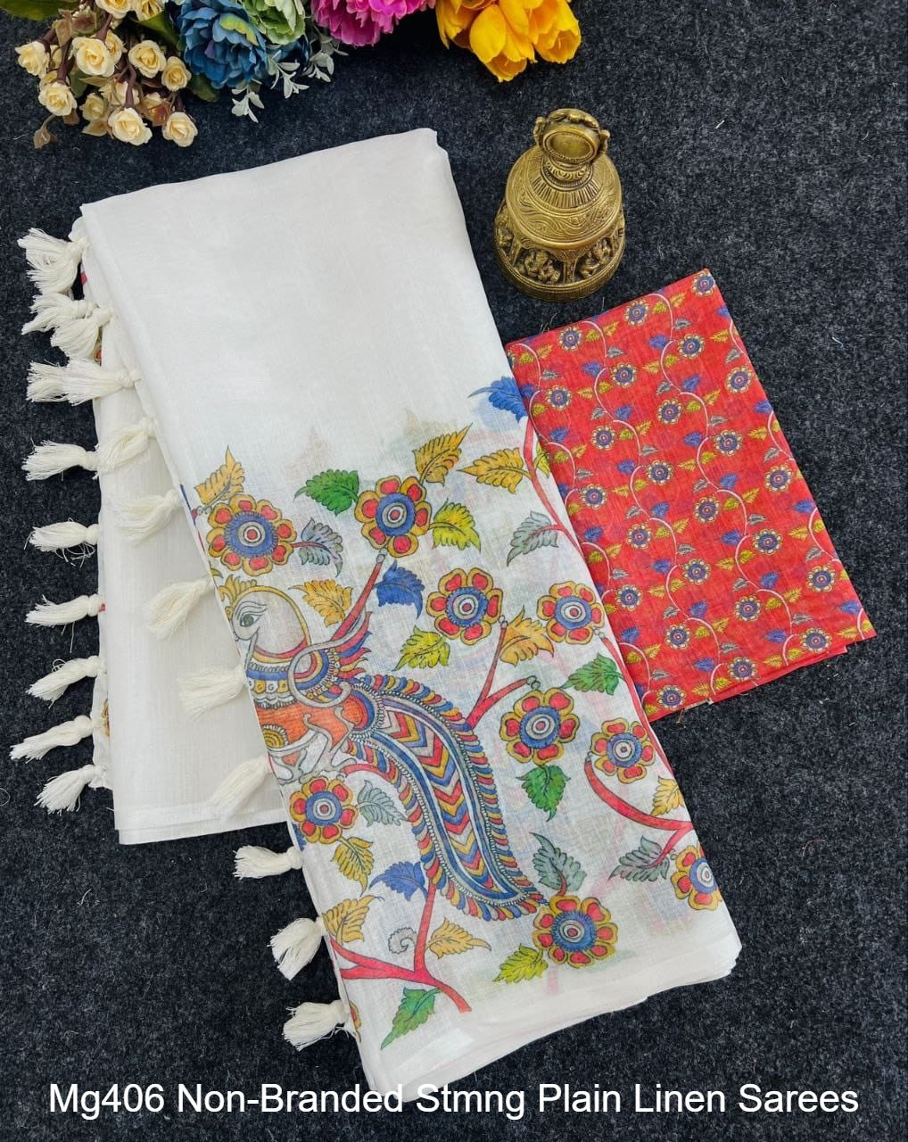 Mg406 Non-Branded Stmng Plain Linen Sarees