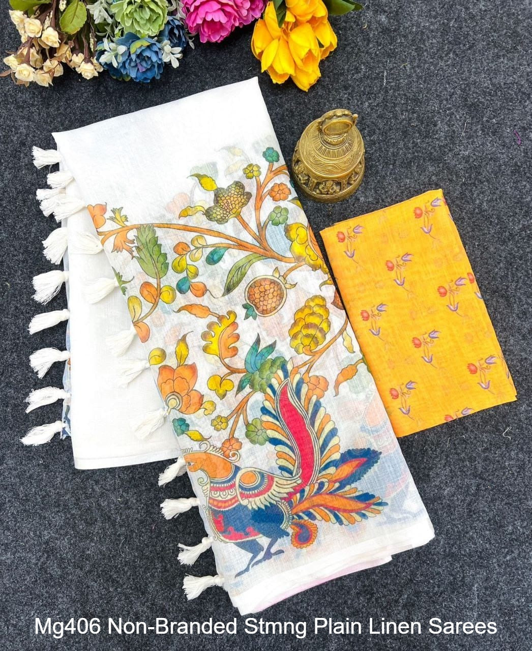 Mg406 Non-Branded Stmng Plain Linen Sarees