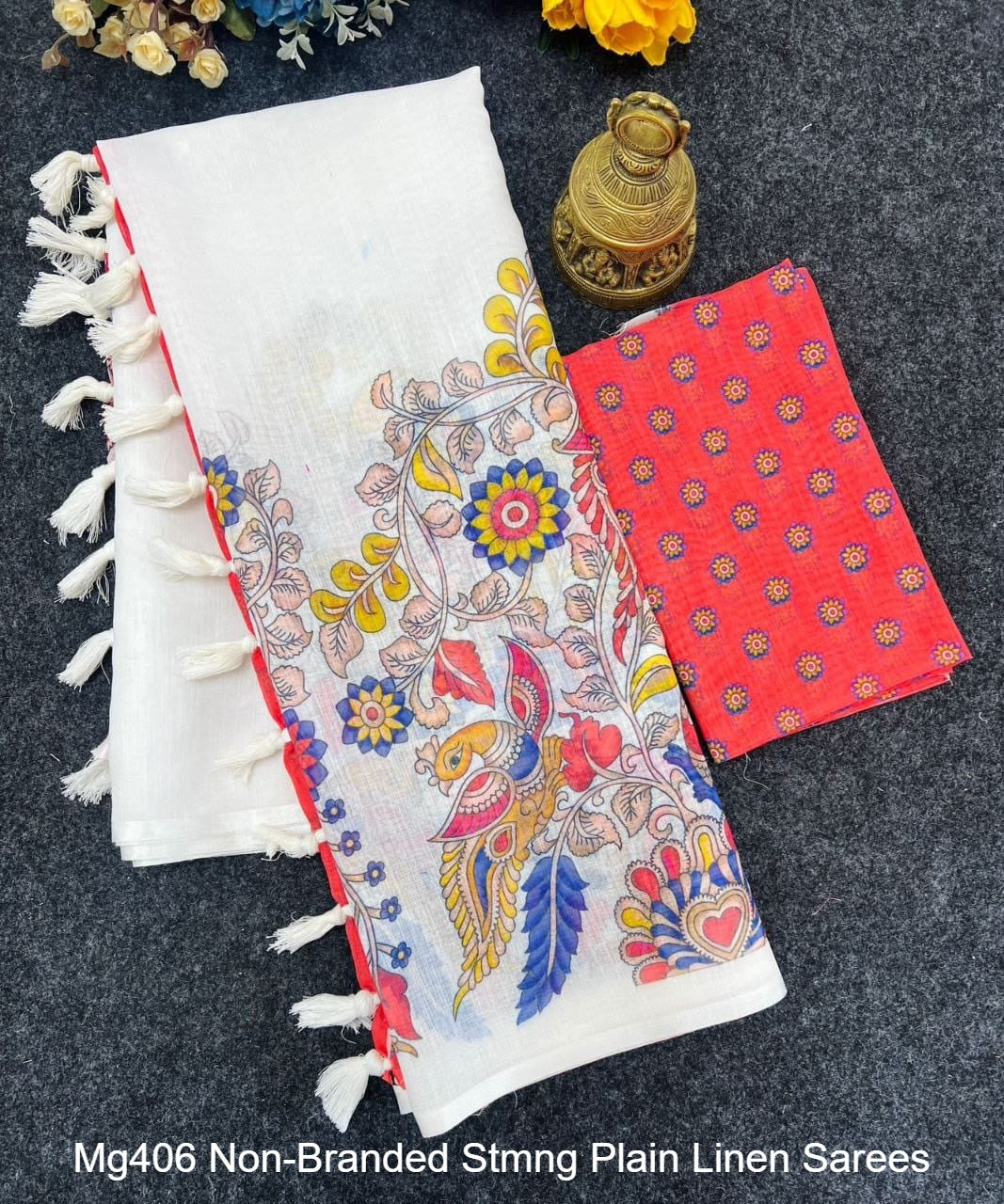 Mg406 Non-Branded Stmng Plain Linen Sarees