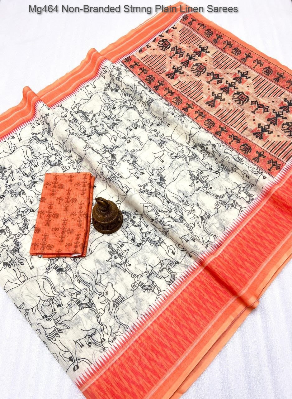Mg464 Non-Branded Stmng Plain Linen Sarees