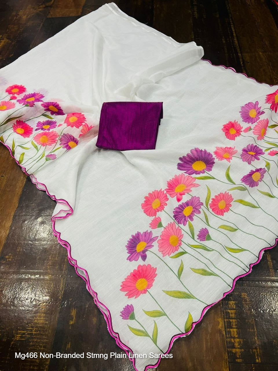 Mg466 Non-Branded Stmng Plain Linen Sarees