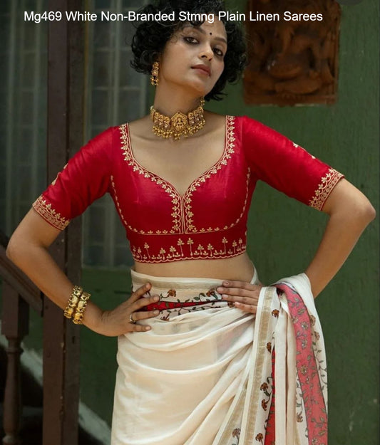 Mg469 White Non-Branded Stmng Plain Linen Sarees